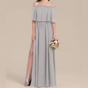 JJ House Silver A-line Off The Shoulder Chiffon Dress With Front Split Sz 2